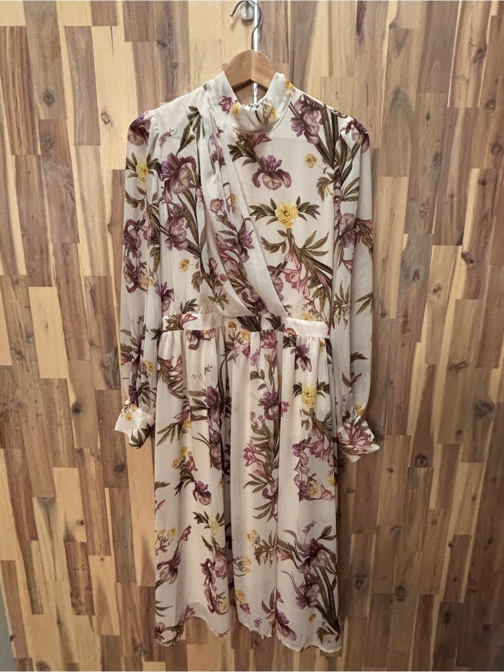 Eva Mendes for New York & Company Cream Floral Long-Sleeve Midi Dress